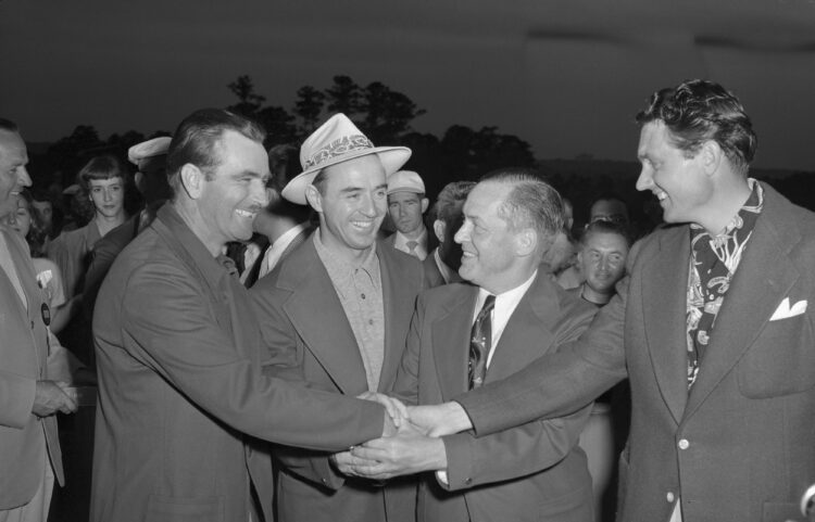 (Original Caption) Bobby Jones, a hot man with a golf club himself, congratulates the top men in the Masters tourney at Augusta. Left to right are ...