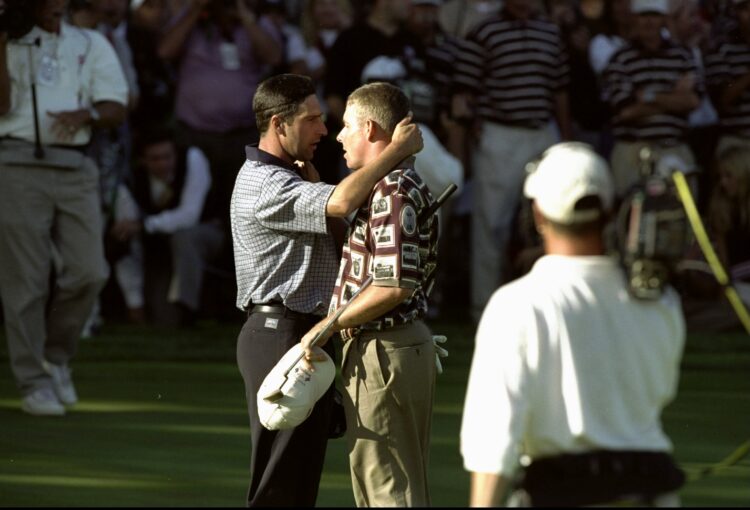 26 Sep 1999: Jose Maria Olazabal of Europe and Justin Leonard of the USA after their match at the 33rd Ryder Cup match played at the Brookline CC ...