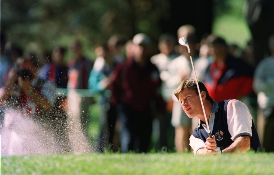 19 SEPT 1995: NICK FALDO OF ENGLAND BLASTS OUT OF THE BUNKER ON THE FOURTH GREEN DURING THE FIRST OFFICIAL PRACTICE ROUND AT THE 1995 RYDER CUP A...