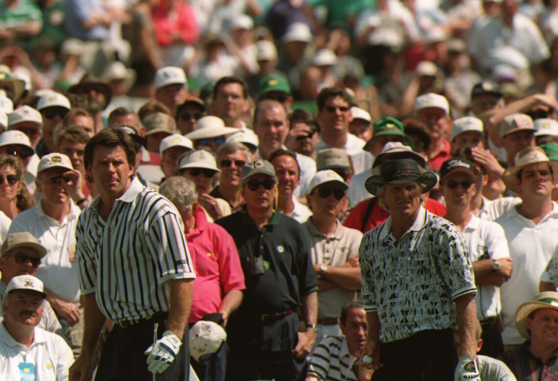 14 Apr 1996 : Nick Faldo of England and greg Norman of Australia on the third tee during the final tound of the 1996 US Masters Golf Championship ...