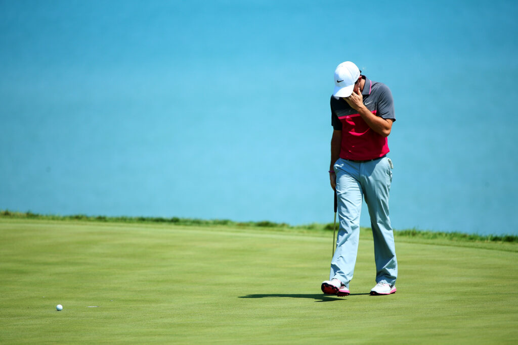 Rory McIlroy looks frustrated after a missed putt during the 2015 PGA Championship