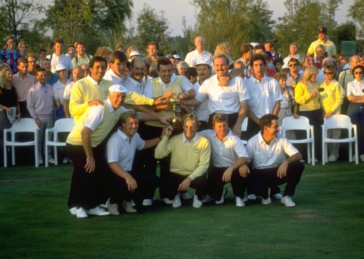 1989:  The European team pose with the trophy after their victory in the Ryder Cup at The Belfry Golf Club in Sutton Coldfield, England. The event ...
