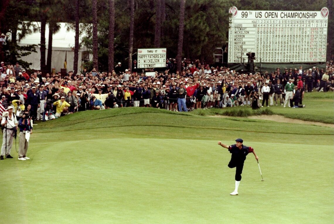 20 Jun 1999: Payne Stewart of the United States celebrates victory after sinking his final putt during the last day of the 1999 US Open played on ...