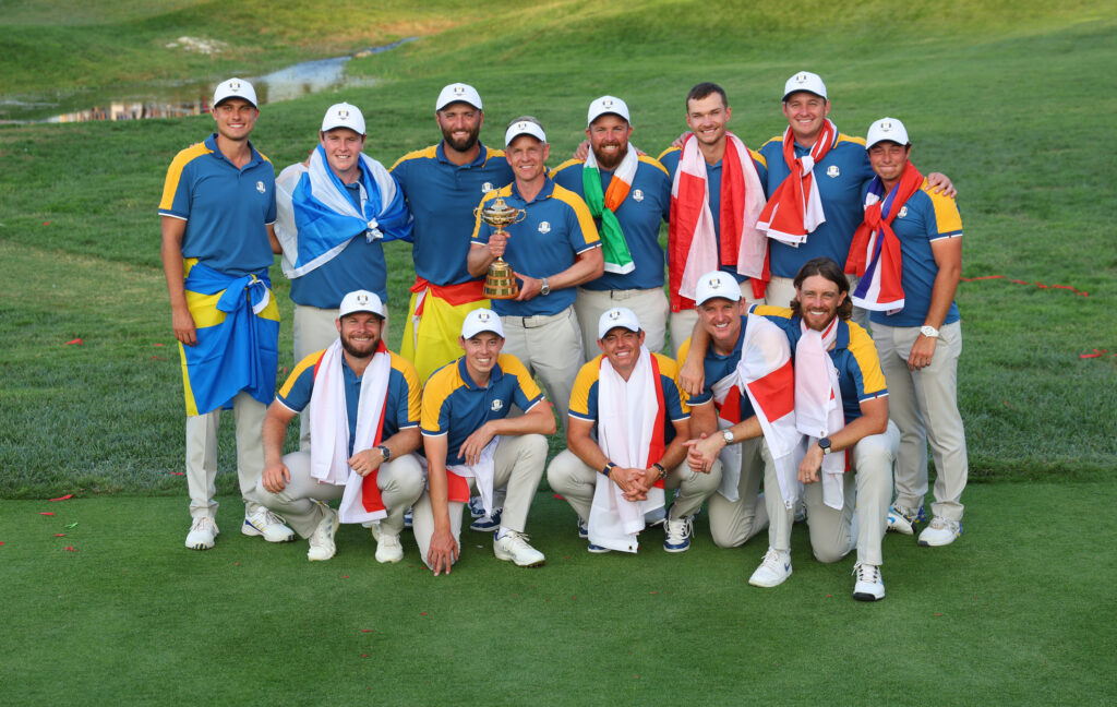 The European team pose with the Ryder Cup trophy in 2023