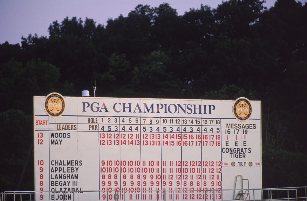 A view of the final scoreboard at the end of the playoff between Bob May and Tiger Woods during the 2000 PGA Championship