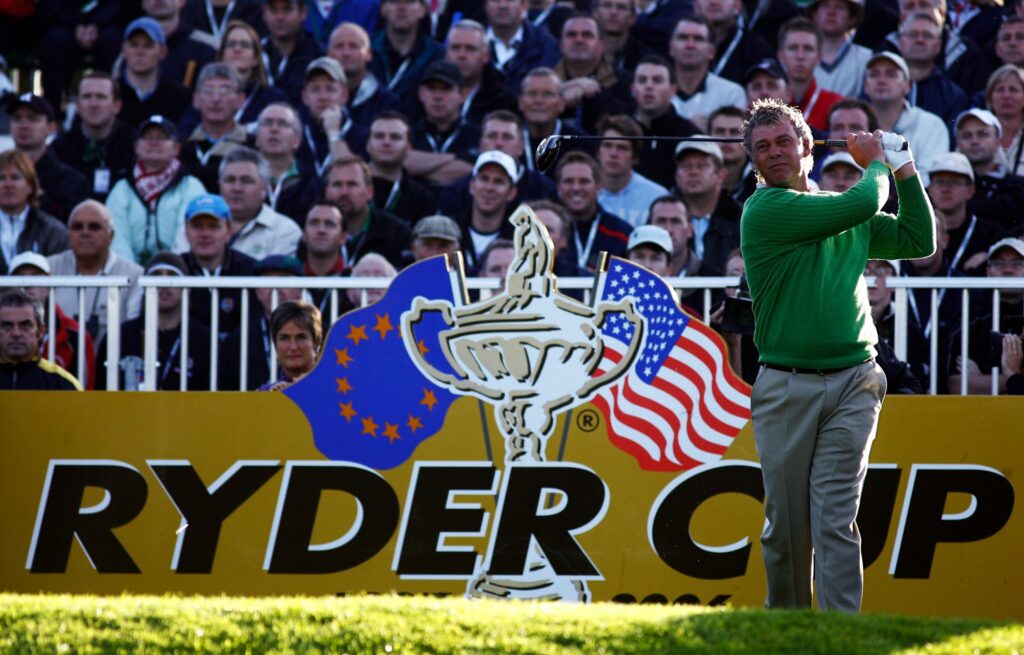 Darren Clarke tees off during the opening session of the 2006 Ryder Cup