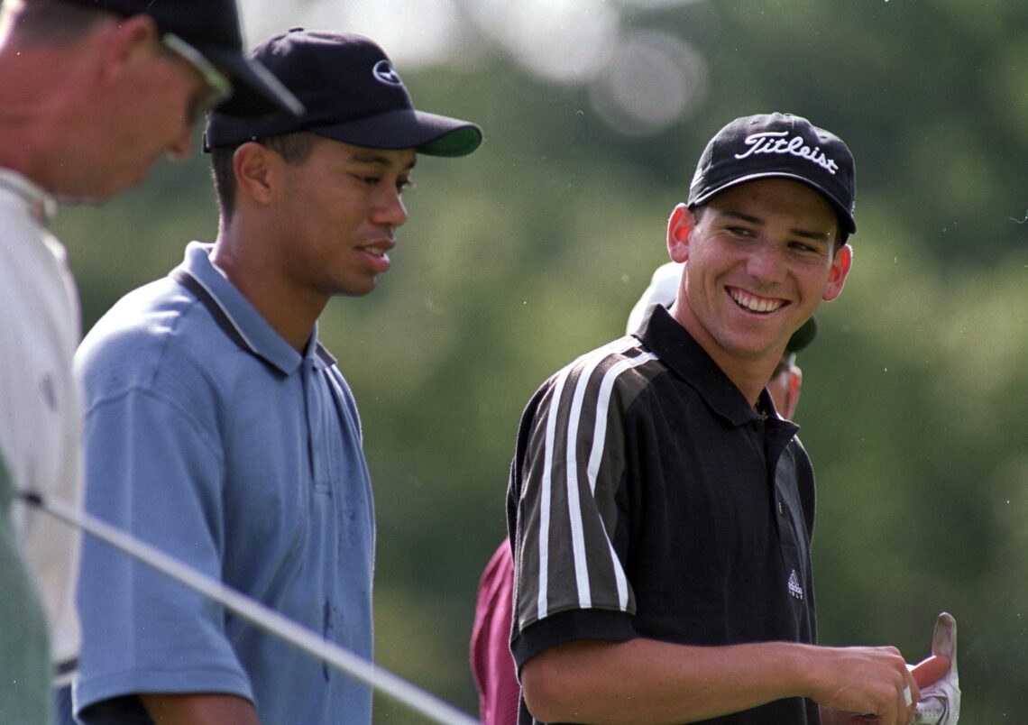11 Aug 1999: Sergio Garcia smiles at Tiger Woods as they walk together during the PGA Championships at the Medinah Country Club in Medinah, Illinois.
