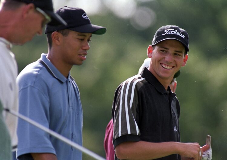 11 Aug 1999: Sergio Garcia smiles at Tiger Woods as they walk together during the PGA Championships at the Medinah Country Club in Medinah, Illinois.