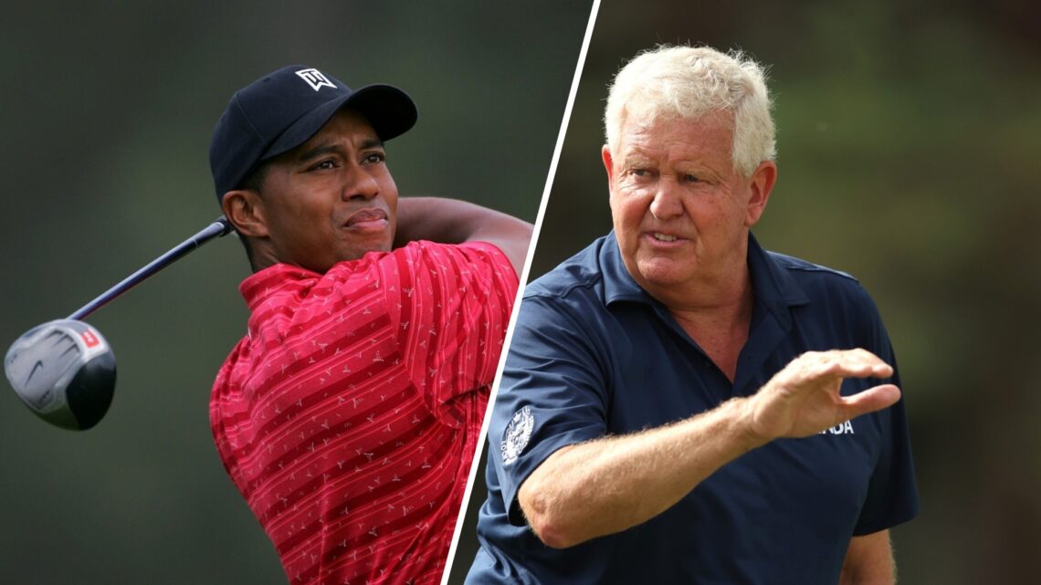A split image of Tiger Woods and Colin Montgomerie playing golf